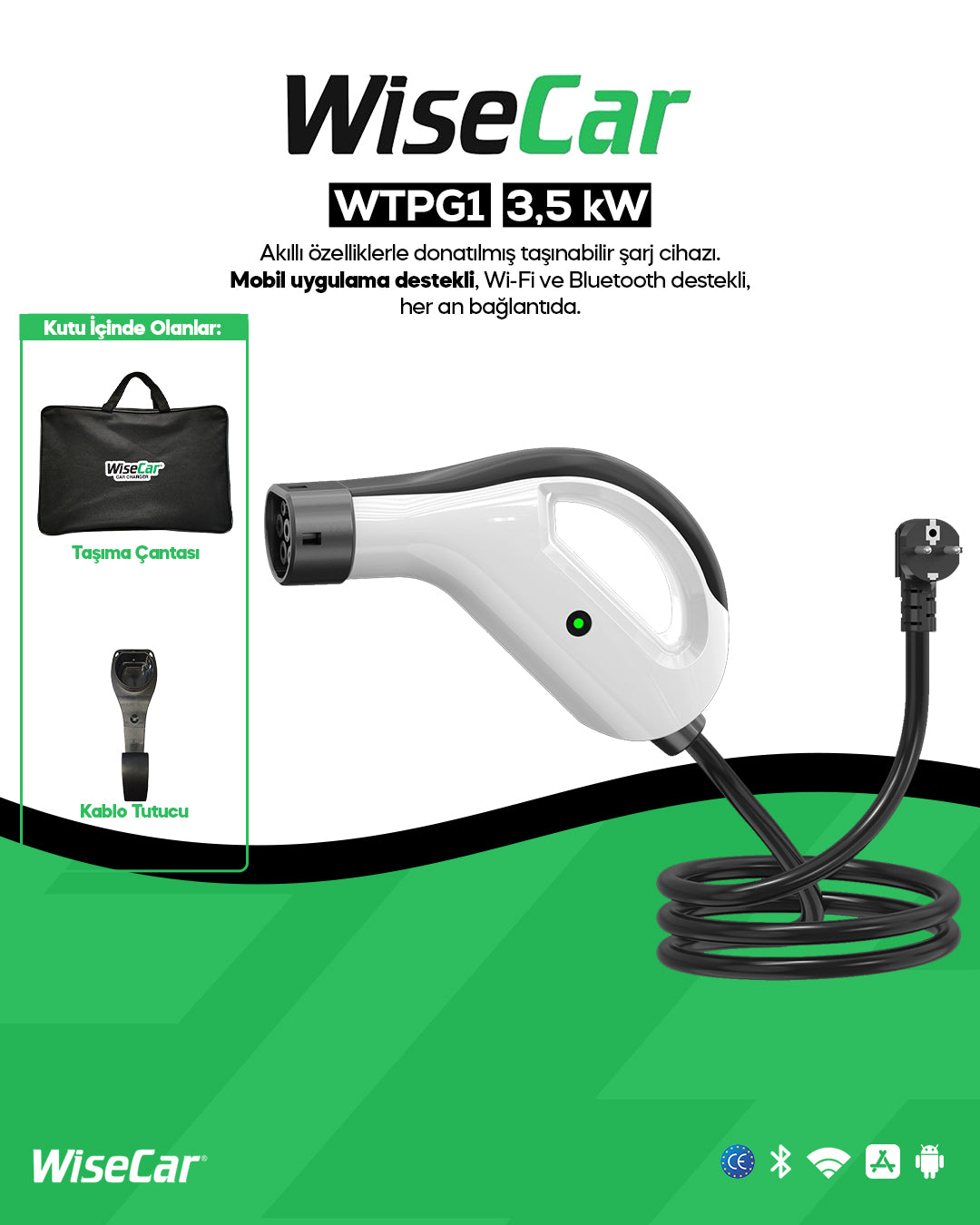 WiseCar WTPG1 – 3.5kW Taşınabilir Elektrikli Araç Şarj Cihazı Mobil Uygulamalı + Wifi + Bluetooth WiseCar