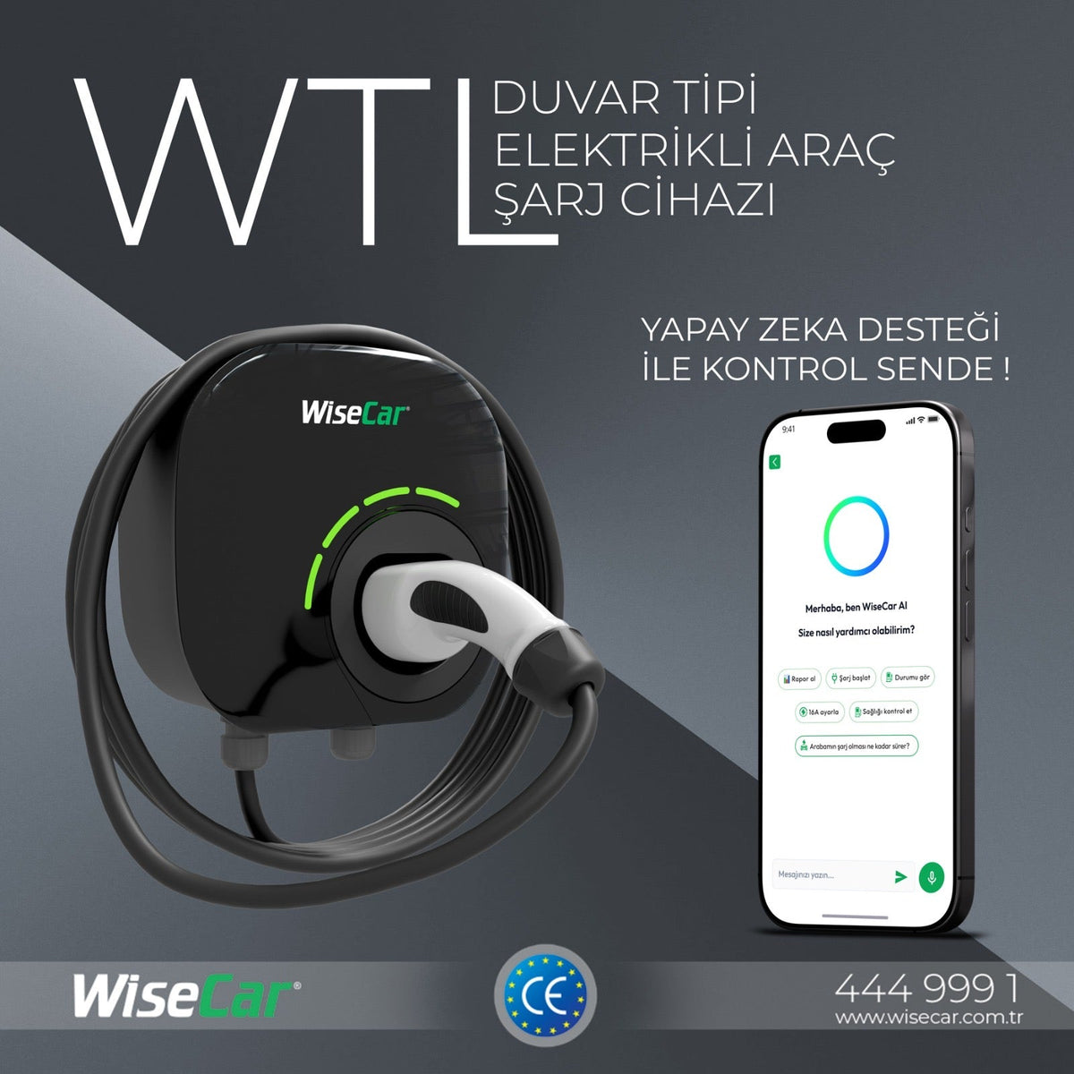 WiseCar WTL – Yapay Zeka Destekli Akıllı Elektrikli Araç Şarj Cihazı | 22 kW | Mobil Uygulama & WiseCar AI WiseCar