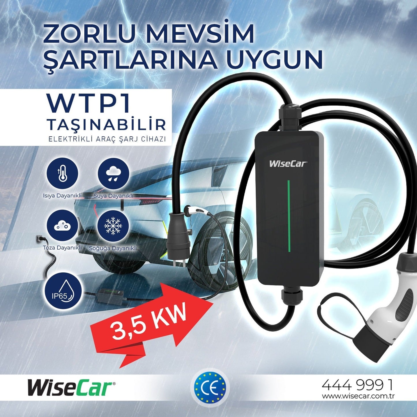 WiseCar WTP1 3.5 KW Taşınabilir Elektrikli Araç Şarj Cihazı WiseCar