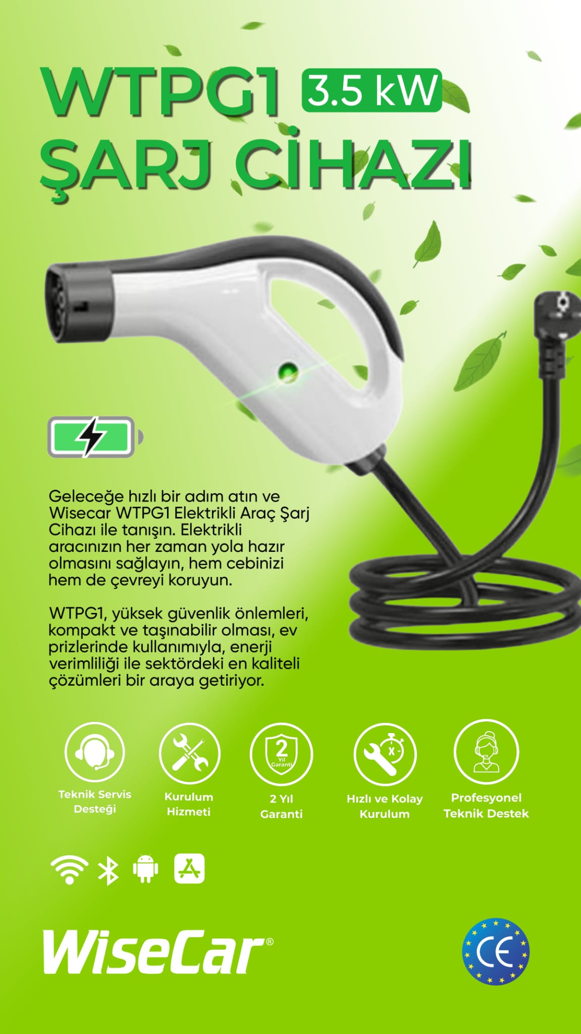 WiseCar WTPG1 – 3.5kW Taşınabilir Elektrikli Araç Şarj Cihazı Mobil Uygulamalı + Wifi + Bluetooth WiseCar
