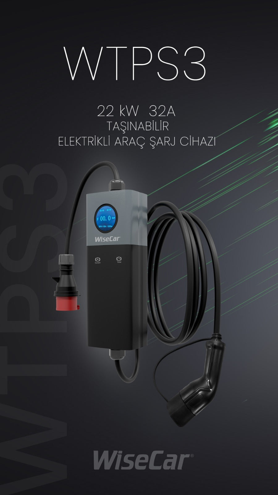WiseCar WTPS3 22 KW Taşınabilir Elektrikli Araç Şarj Cihazı Mobil Uygulamalı + Wifi + Bluetooth WiseCar