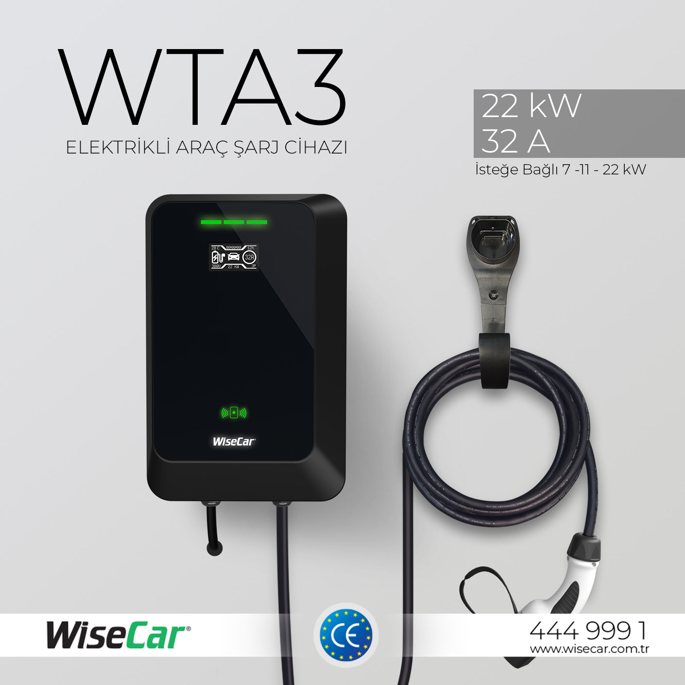 WiseCar WTA - 22 & 11 kW Elektrikli Araç Şarj Cihazı EV Wallbox Type 2 WiseCar