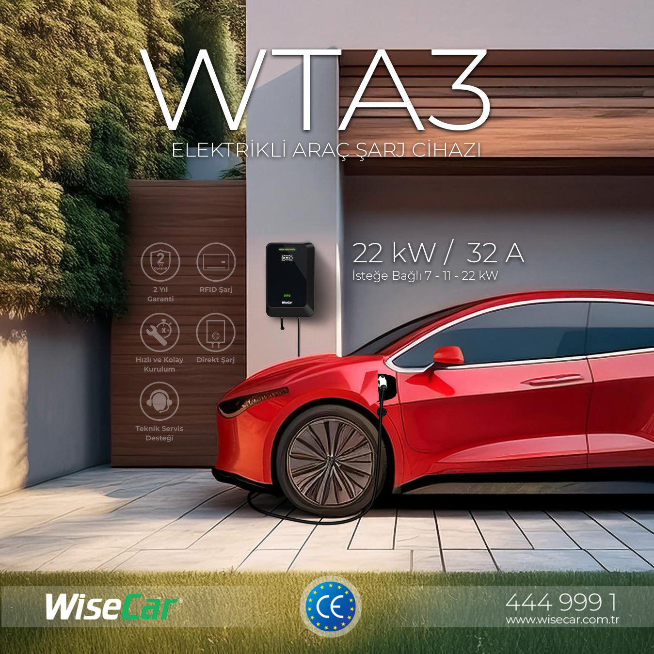 WiseCar WTA - 22 & 11 kW Elektrikli Araç Şarj Cihazı EV Wallbox Type 2 WiseCar