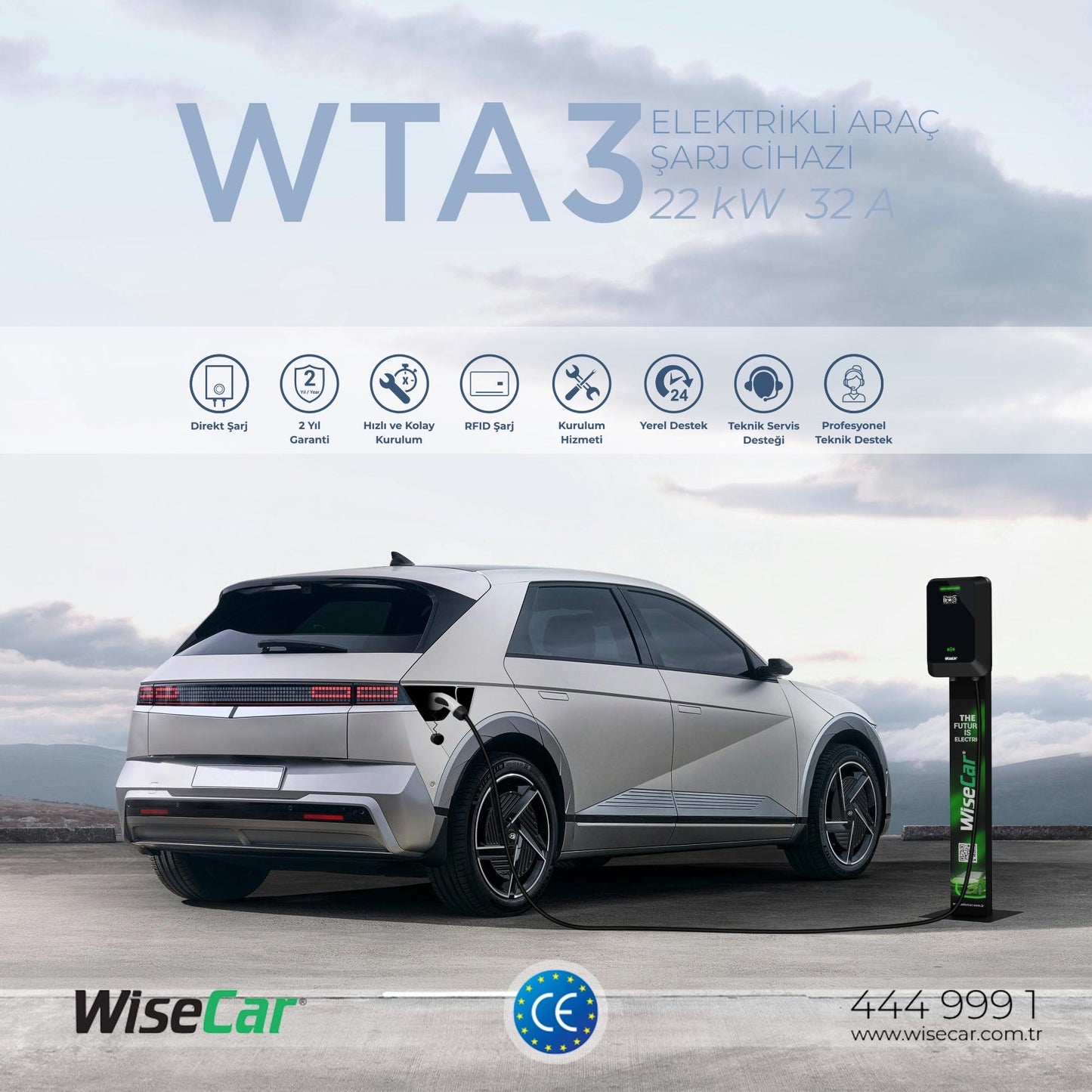 WiseCar WTA Standlı - 11 & 22 kW Elektrikli Araç Şarj Cihazı EV Wallbox Type 2 WiseCar