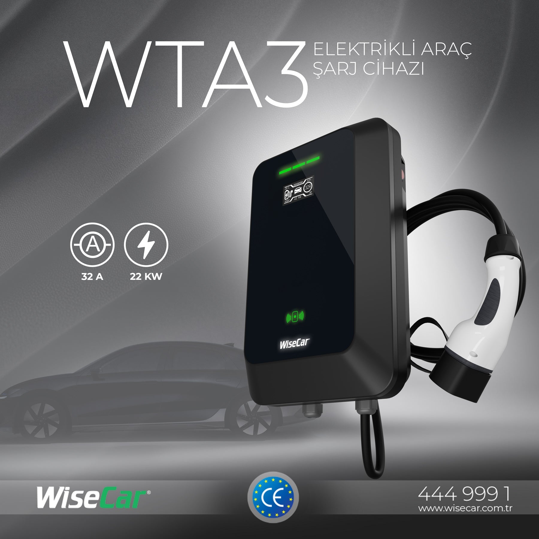 WiseCar WTA - 22 & 11 kW Elektrikli Araç Şarj Cihazı EV Wallbox Type 2 WiseCar