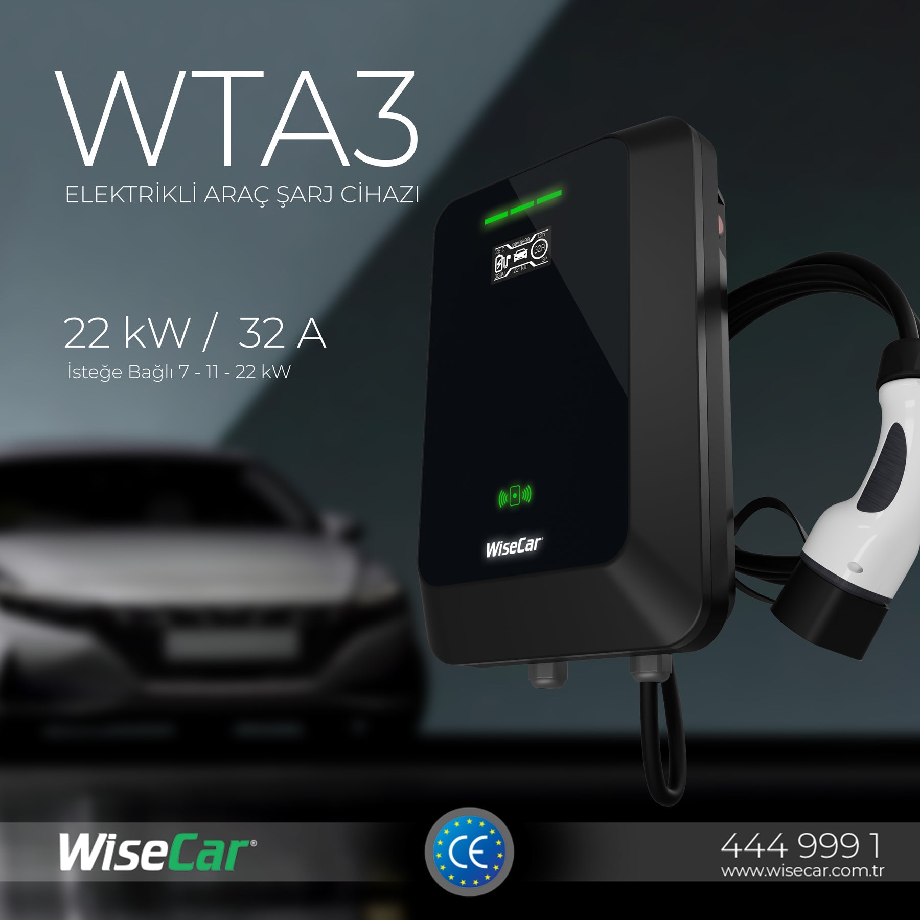 WiseCar WTA - 22 & 11 kW Elektrikli Araç Şarj Cihazı EV Wallbox Type 2 WiseCar