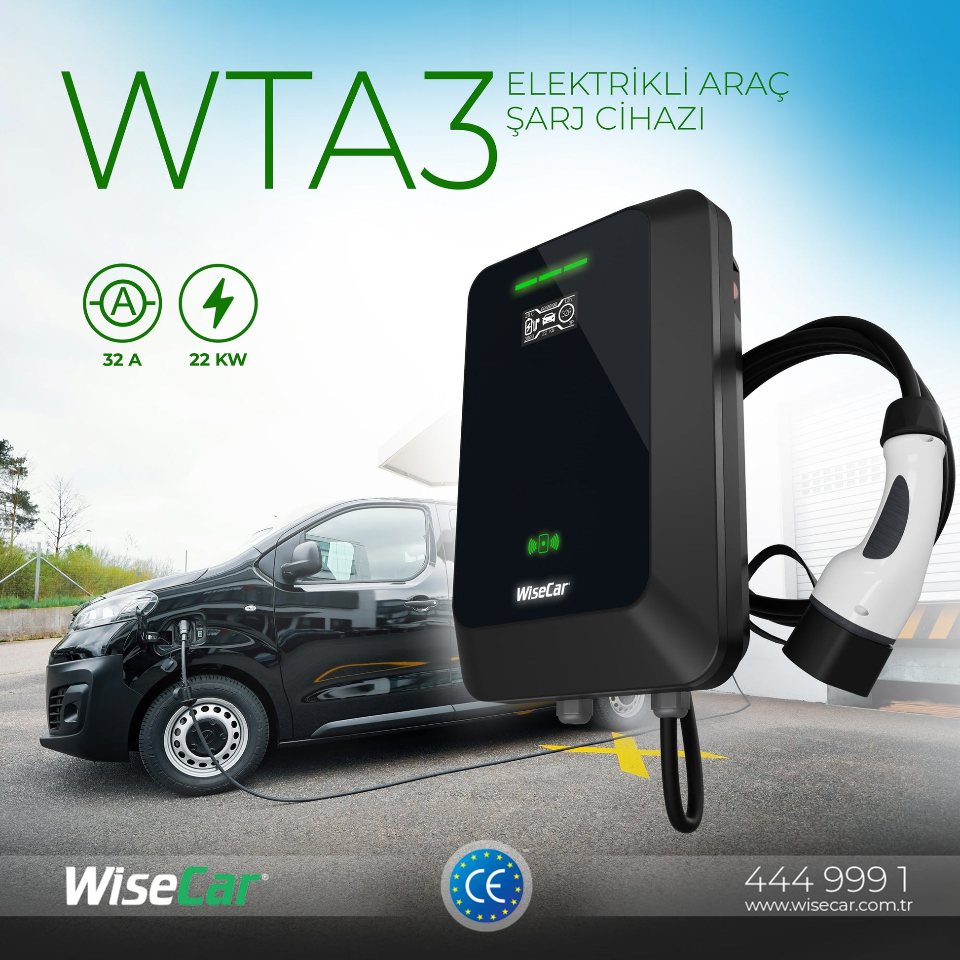 WiseCar WTA - 22 & 11 kW Elektrikli Araç Şarj Cihazı EV Wallbox Type 2 WiseCar