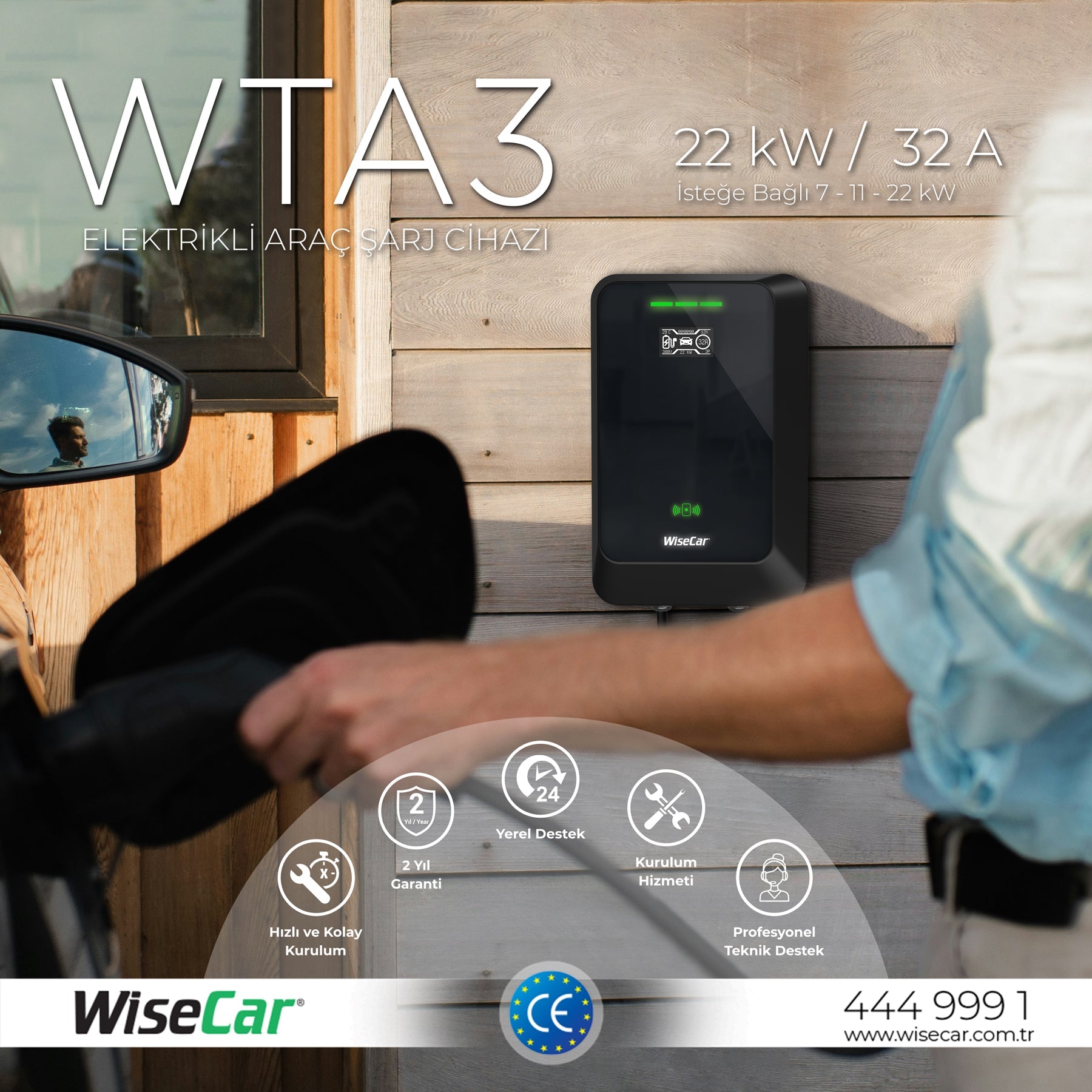 WiseCar WTA - 22 & 11 kW Elektrikli Araç Şarj Cihazı EV Wallbox Type 2 WiseCar
