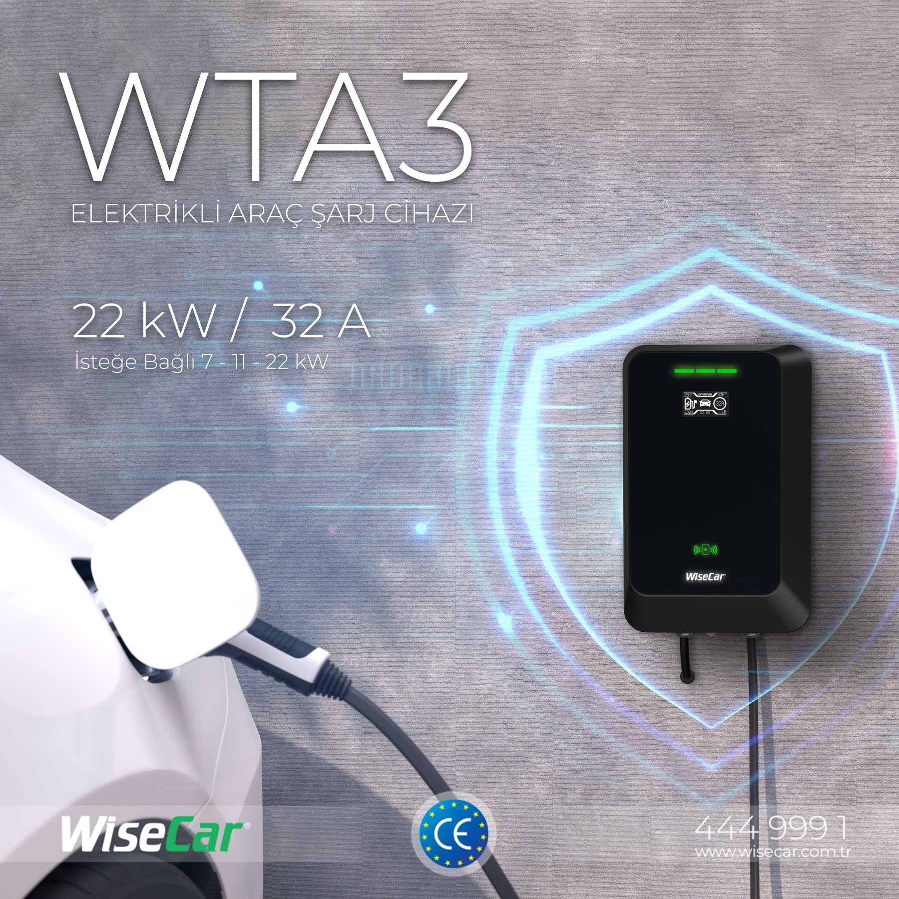 WiseCar WTA - 22 & 11 kW Elektrikli Araç Şarj Cihazı EV Wallbox Type 2 WiseCar