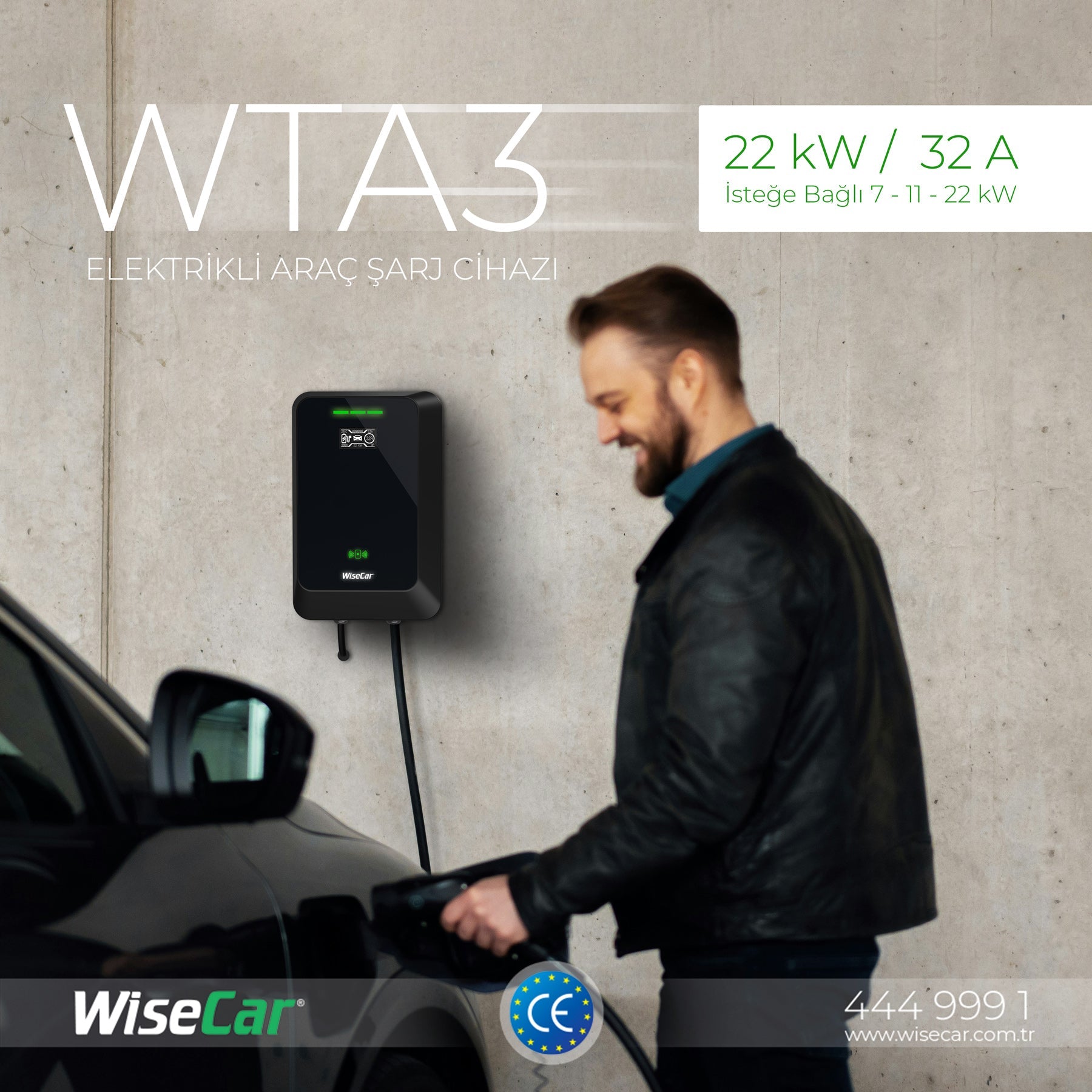 WiseCar WTA - 22 & 11 kW Elektrikli Araç Şarj Cihazı EV Wallbox Type 2 WiseCar