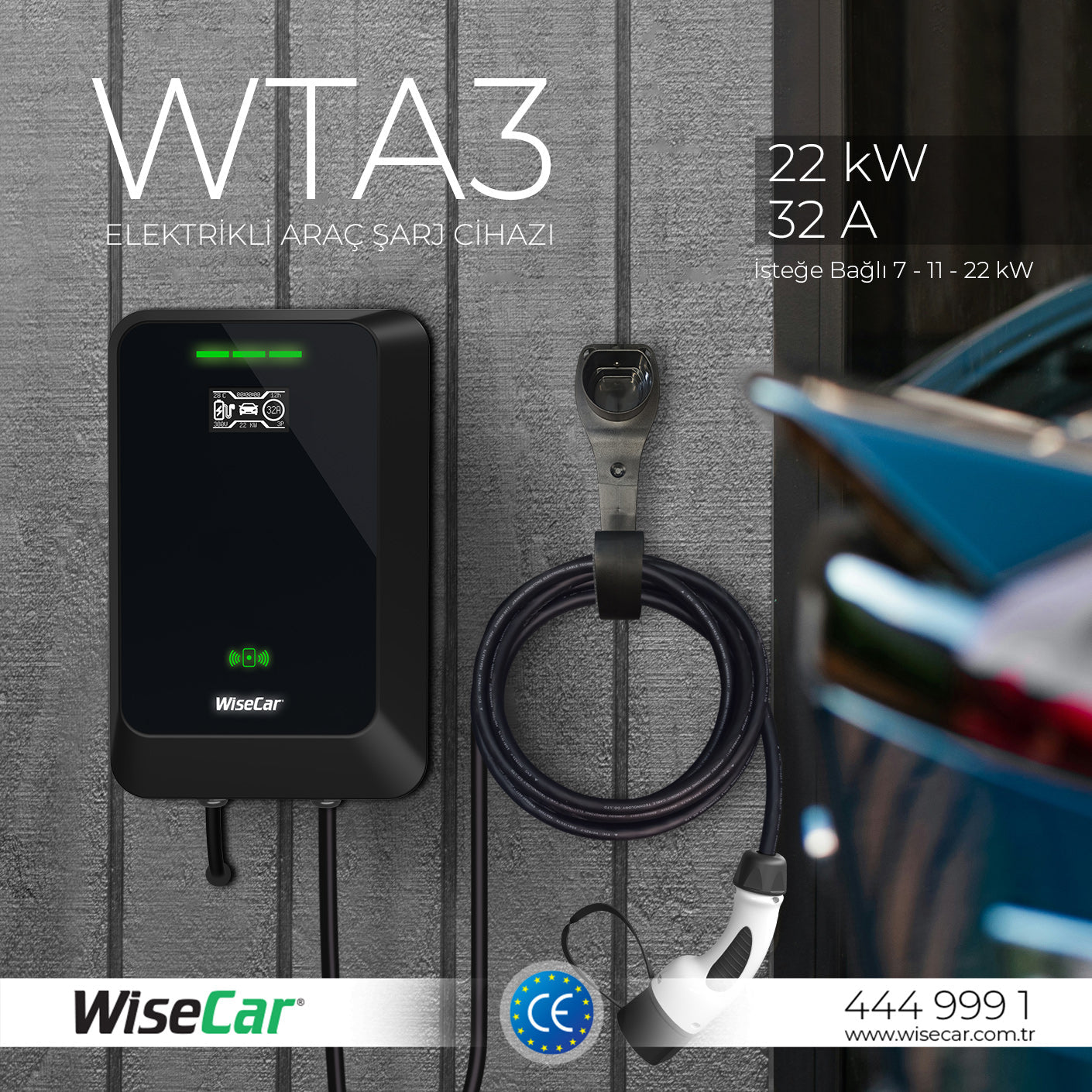 WiseCar WTA - 22 & 11 kW Elektrikli Araç Şarj Cihazı EV Wallbox Type 2 WiseCar