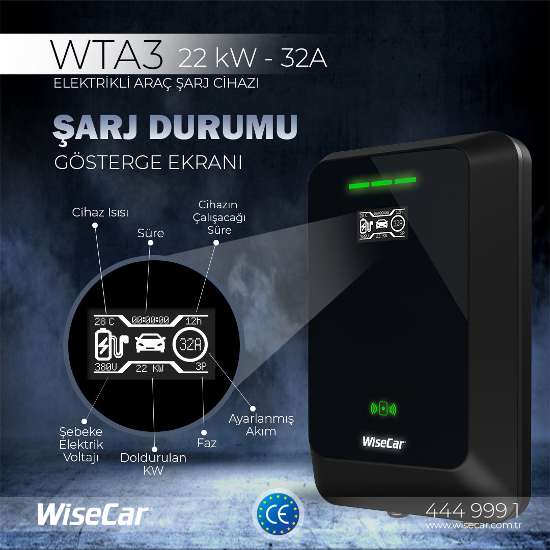 WiseCar WTA - 22 & 11 kW Elektrikli Araç Şarj Cihazı EV Wallbox Type 2 WiseCar