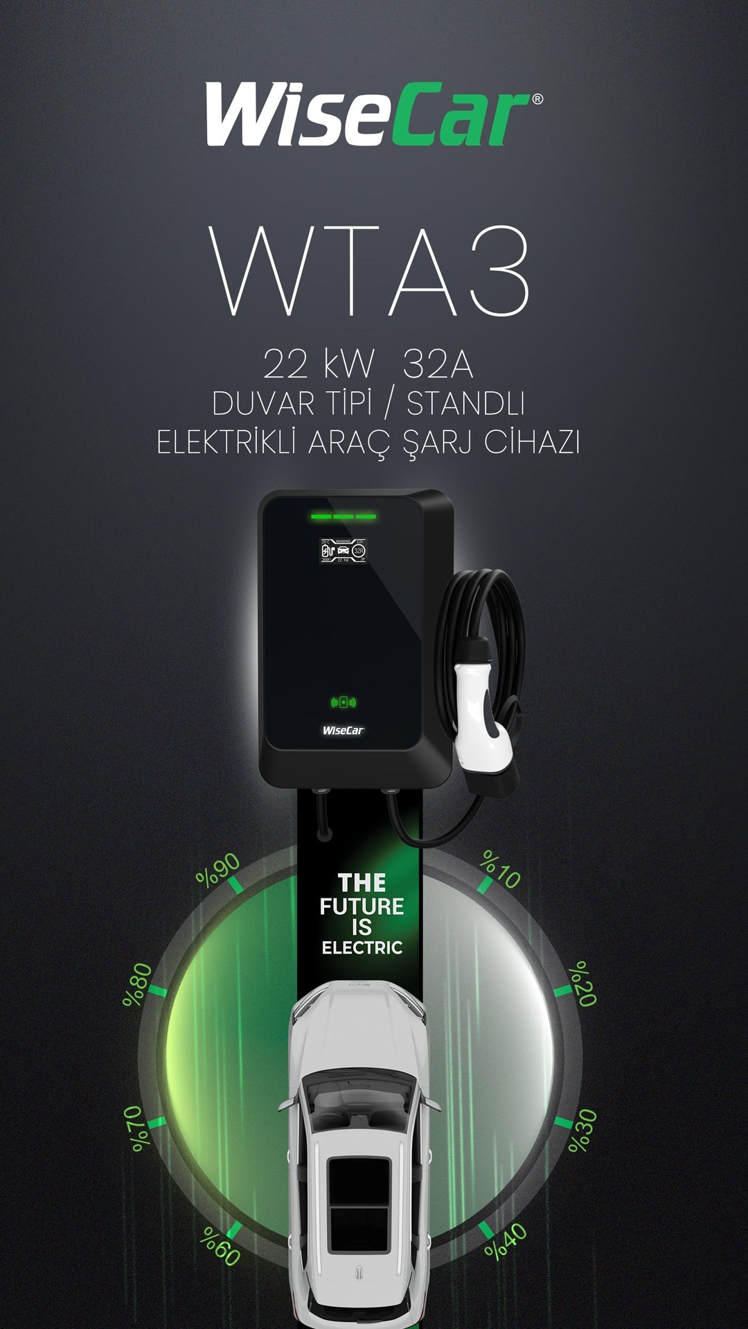 WiseCar WTA Standlı - 11 & 22 kW Elektrikli Araç Şarj Cihazı EV Wallbox Type 2 WiseCar