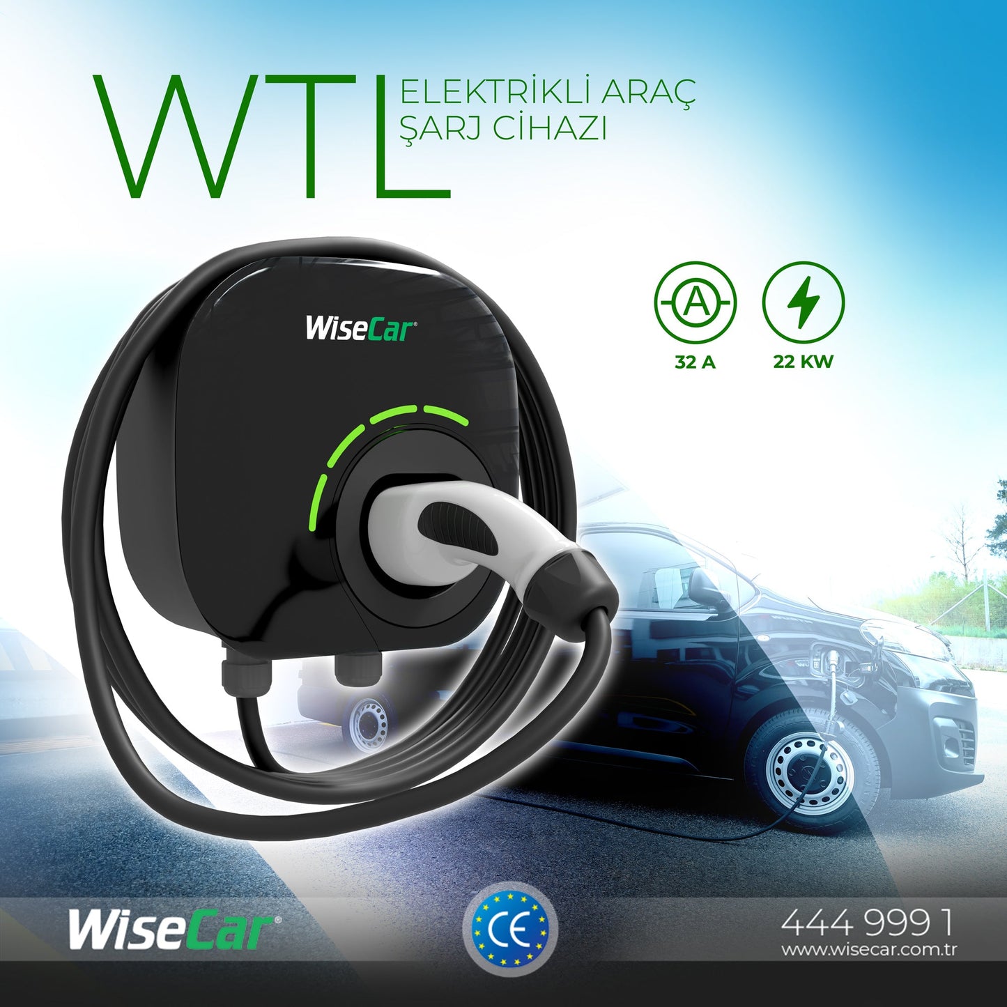 WiseCar WTL – Yapay Zeka Destekli Akıllı Elektrikli Araç Şarj Cihazı | 22 kW | Mobil Uygulama & WiseCar AI WiseCar