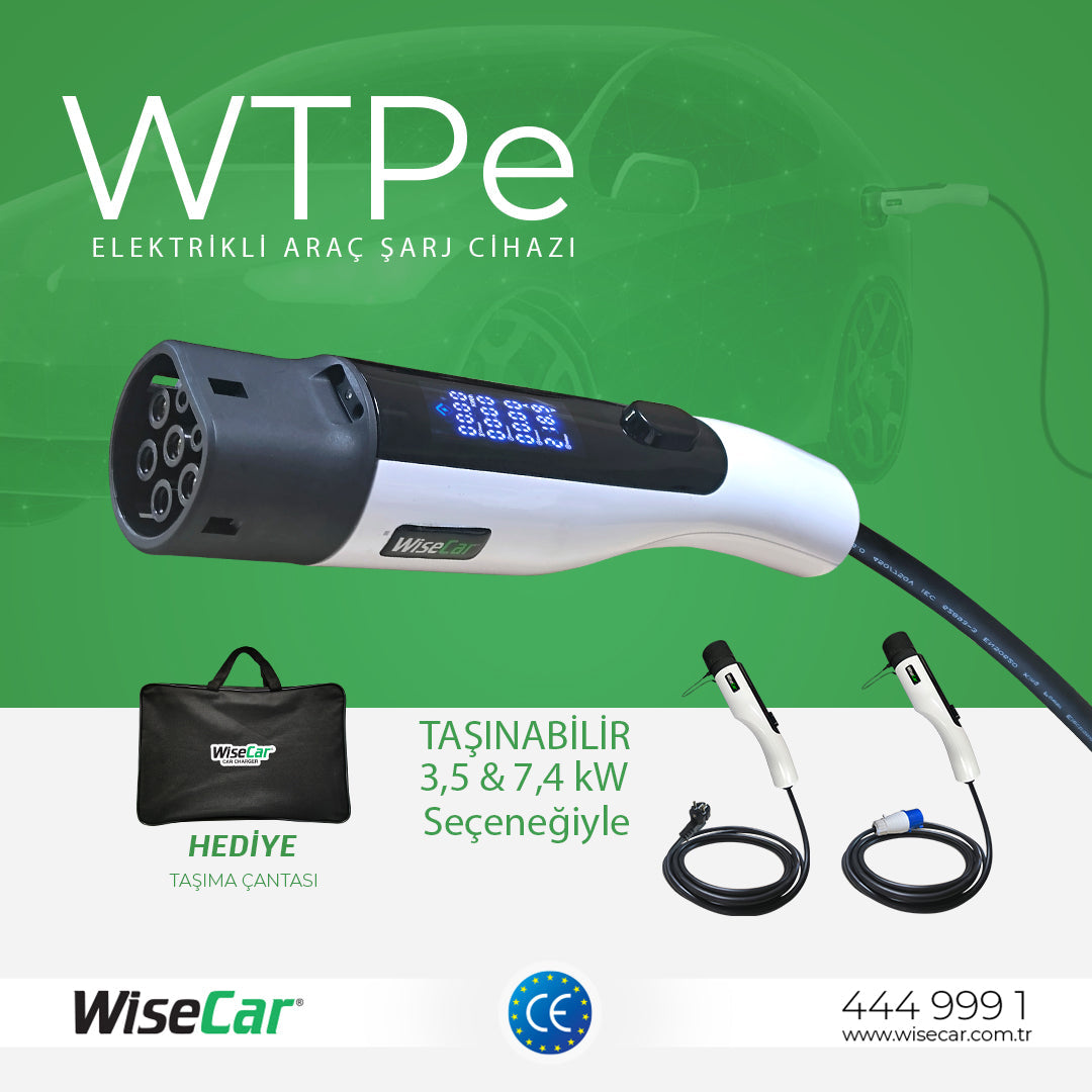 WiseCar WTPe 7.4kW Taşınabilir Elektrikli Araç Şarj Cihazı - 5 Metre Kablo + Taşıma Çantası WiseCar