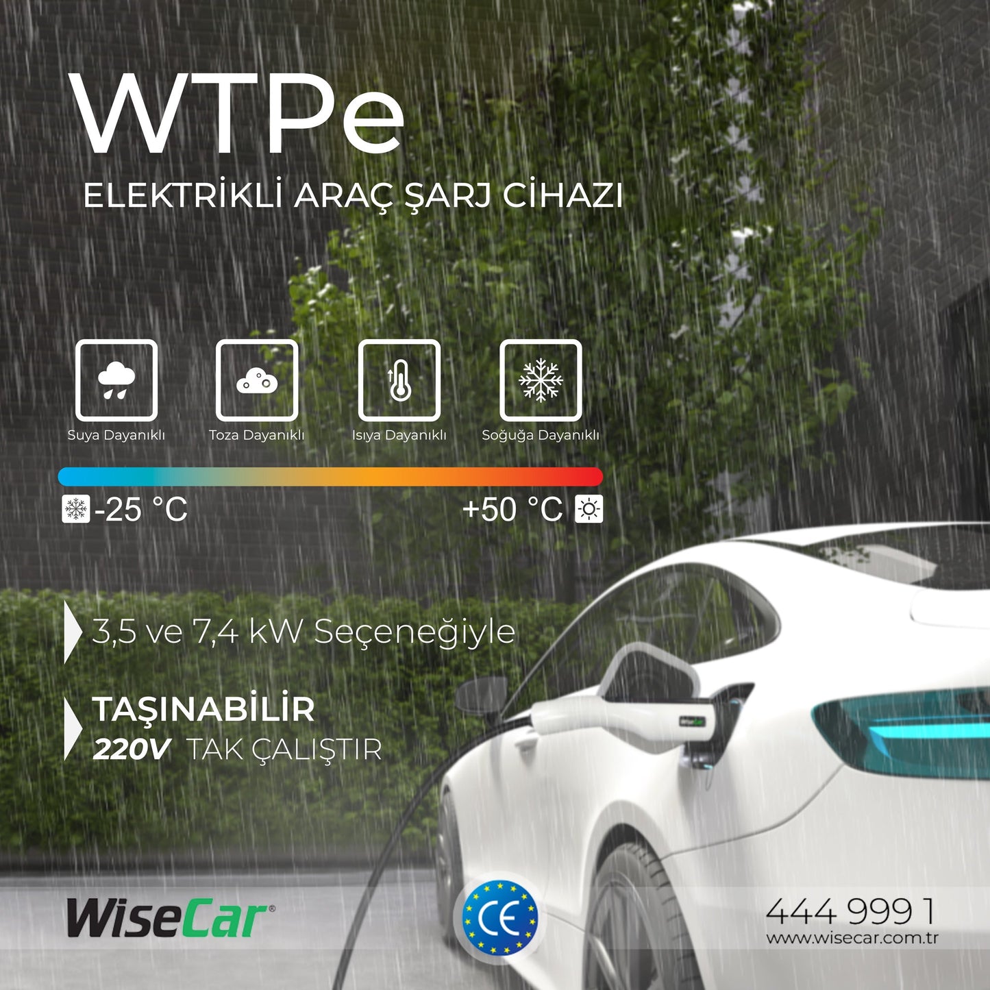 WiseCar WTPe 7.4kW Taşınabilir Elektrikli Araç Şarj Cihazı - 5 Metre Kablo + Taşıma Çantası WiseCar