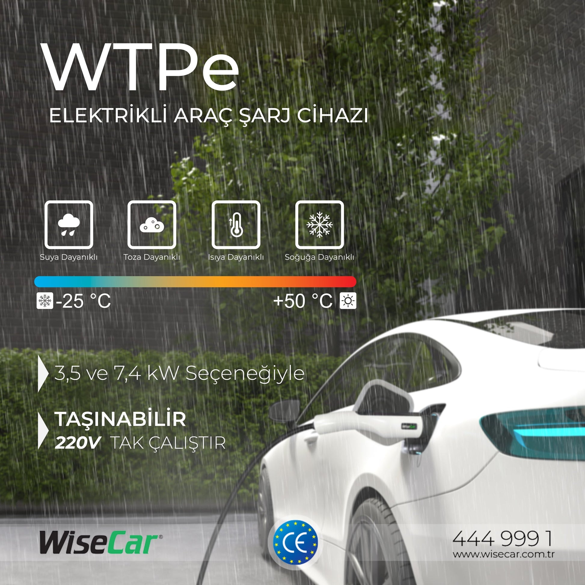 WiseCar WTPe 7.4kW Taşınabilir Elektrikli Araç Şarj Cihazı - 5 Metre Kablo + Taşıma Çantası WiseCar