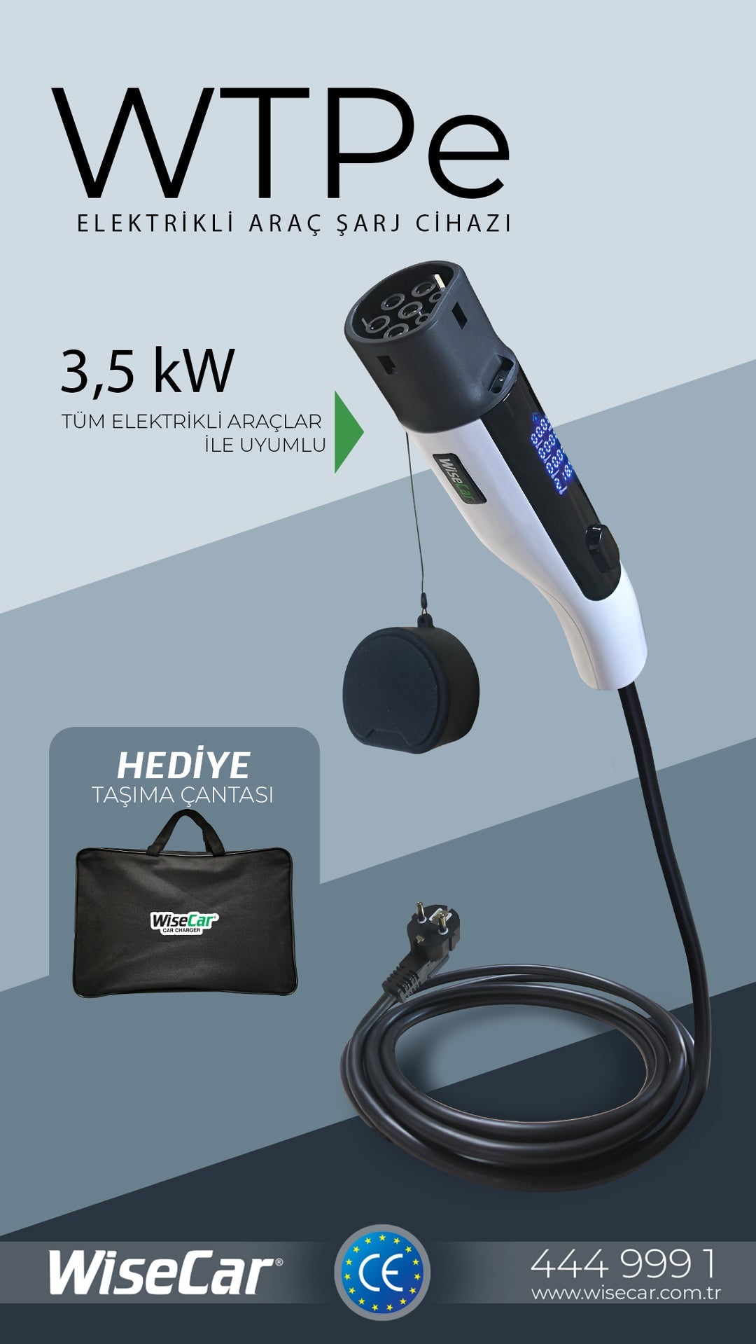 WiseCar WTPe 3.5kW Taşınabilir Elektrikli Araç Şarj Cihazı - 5 Metre Kablo + Taşıma Çantası WiseCar
