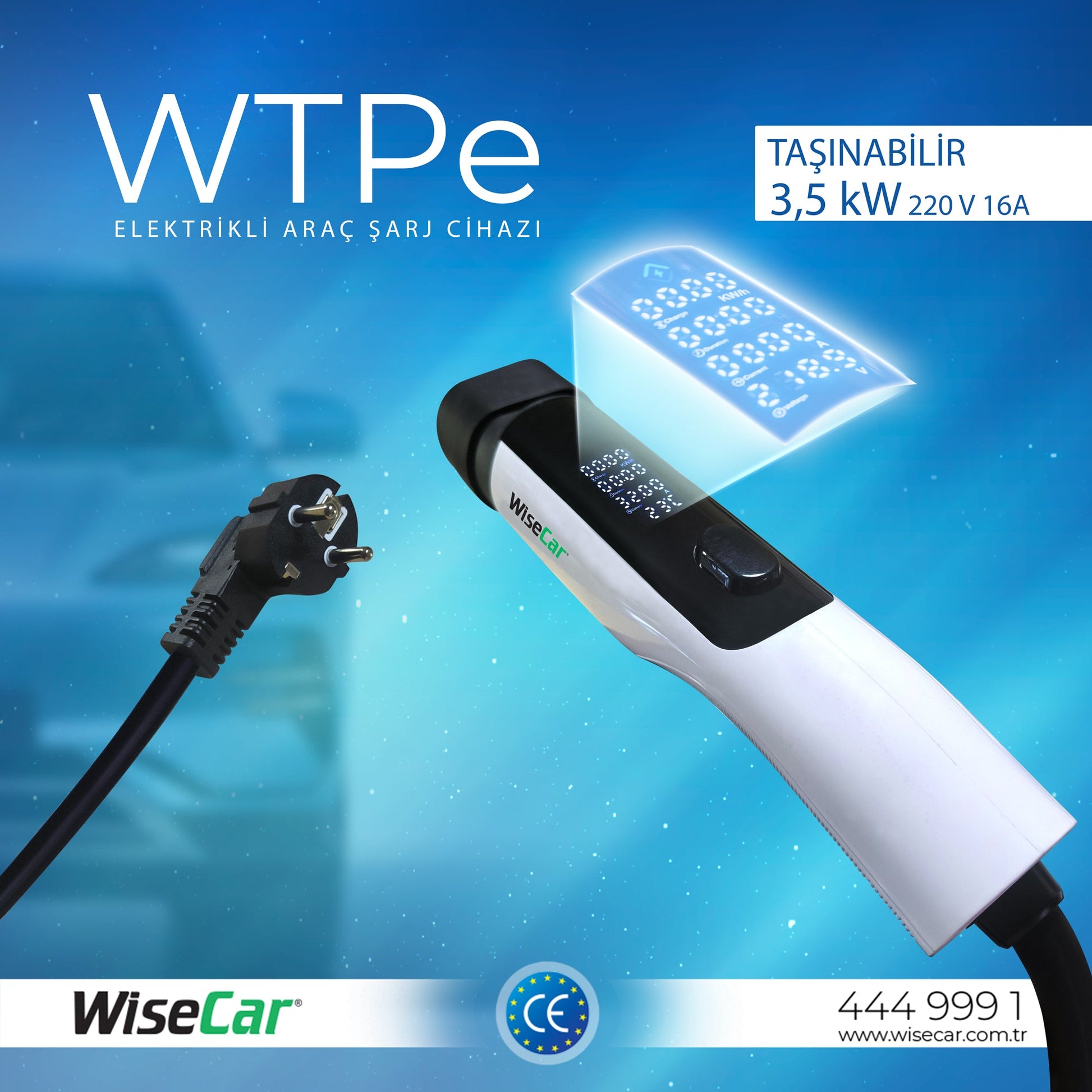 WiseCar WTPe 3.5kW Taşınabilir Elektrikli Araç Şarj Cihazı - 5 Metre Kablo + Taşıma Çantası WiseCar