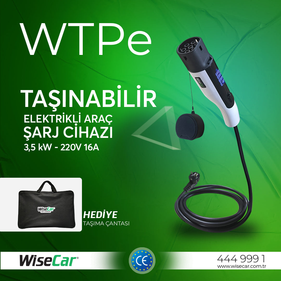 WiseCar WTPe 3.5kW Taşınabilir Elektrikli Araç Şarj Cihazı - 5 Metre Kablo + Taşıma Çantası WiseCar