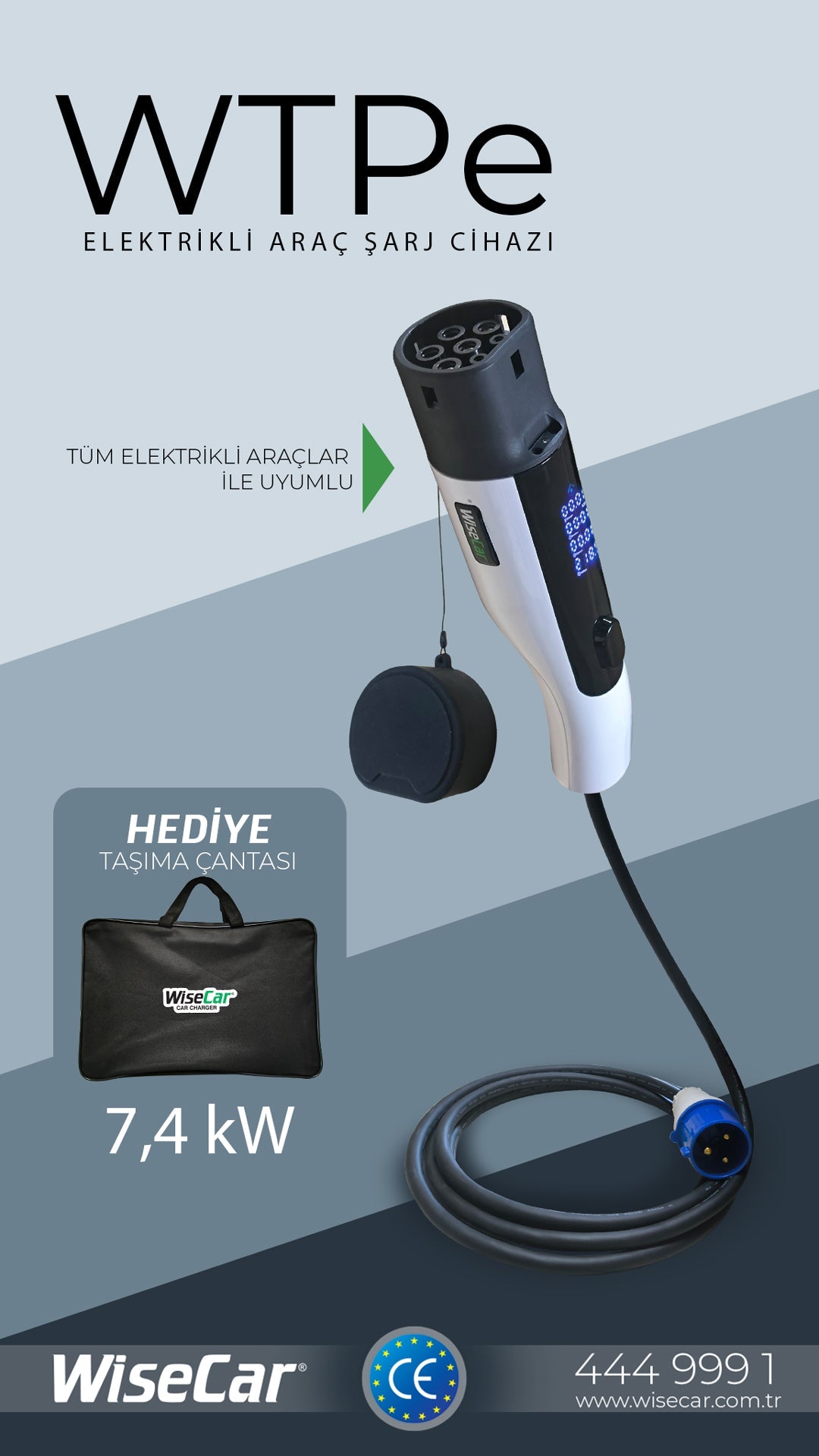 WiseCar WTPe 7.4kW Taşınabilir Elektrikli Araç Şarj Cihazı - 5 Metre Kablo + Taşıma Çantası WiseCar
