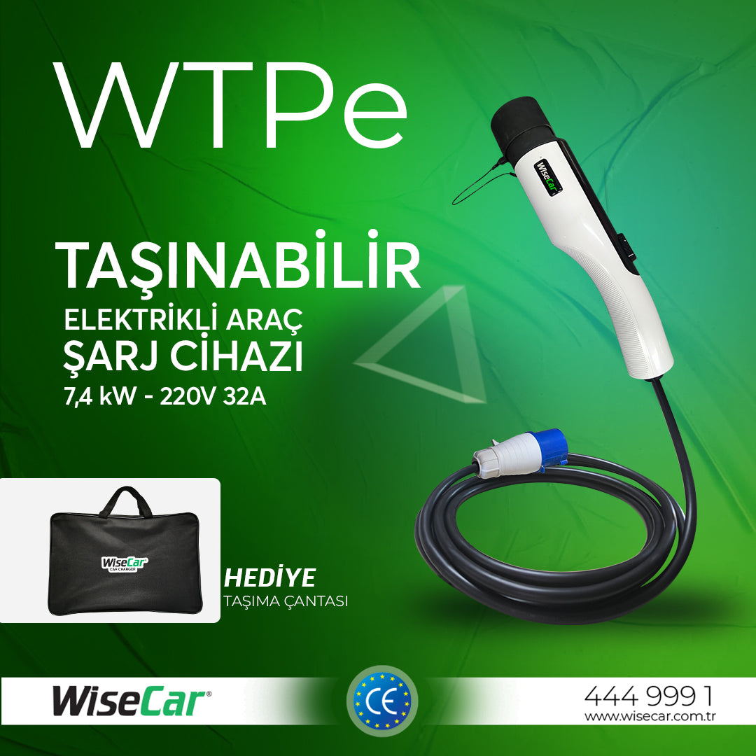 WiseCar WTPe 7.4kW Taşınabilir Elektrikli Araç Şarj Cihazı - 5 Metre Kablo + Taşıma Çantası WiseCar