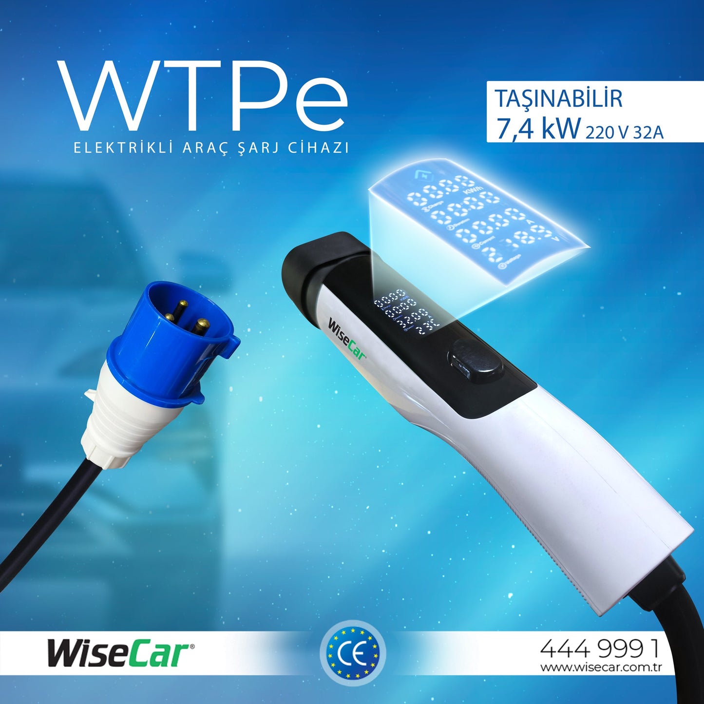 WiseCar WTPe 7.4kW Taşınabilir Elektrikli Araç Şarj Cihazı - 5 Metre Kablo + Taşıma Çantası WiseCar