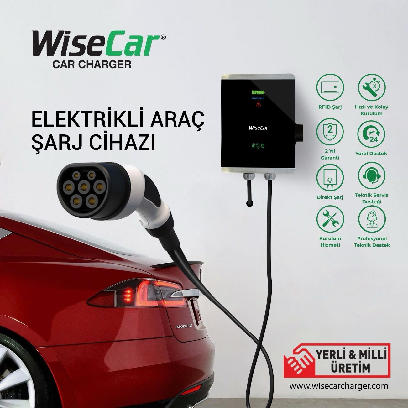 WiseCar WT3 22 KW Duvar Tipi Elektrikli Araç Şarj İstasyonu Kablolu