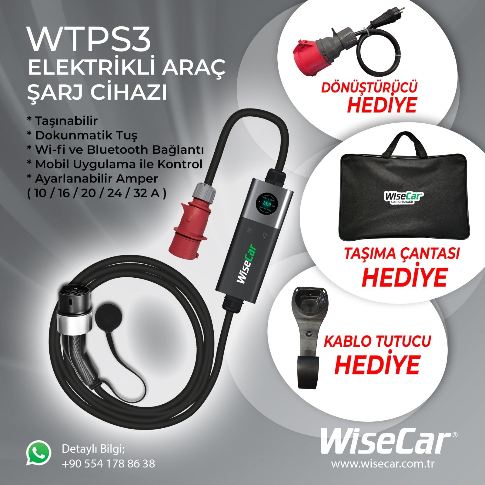 WiseCar WTPS3 22 KW Taşınabilir Elektrikli Araç Şarj Cihazı Mobil Uygulamalı Wifi Bluetooth ile pratik şarj imkanı.