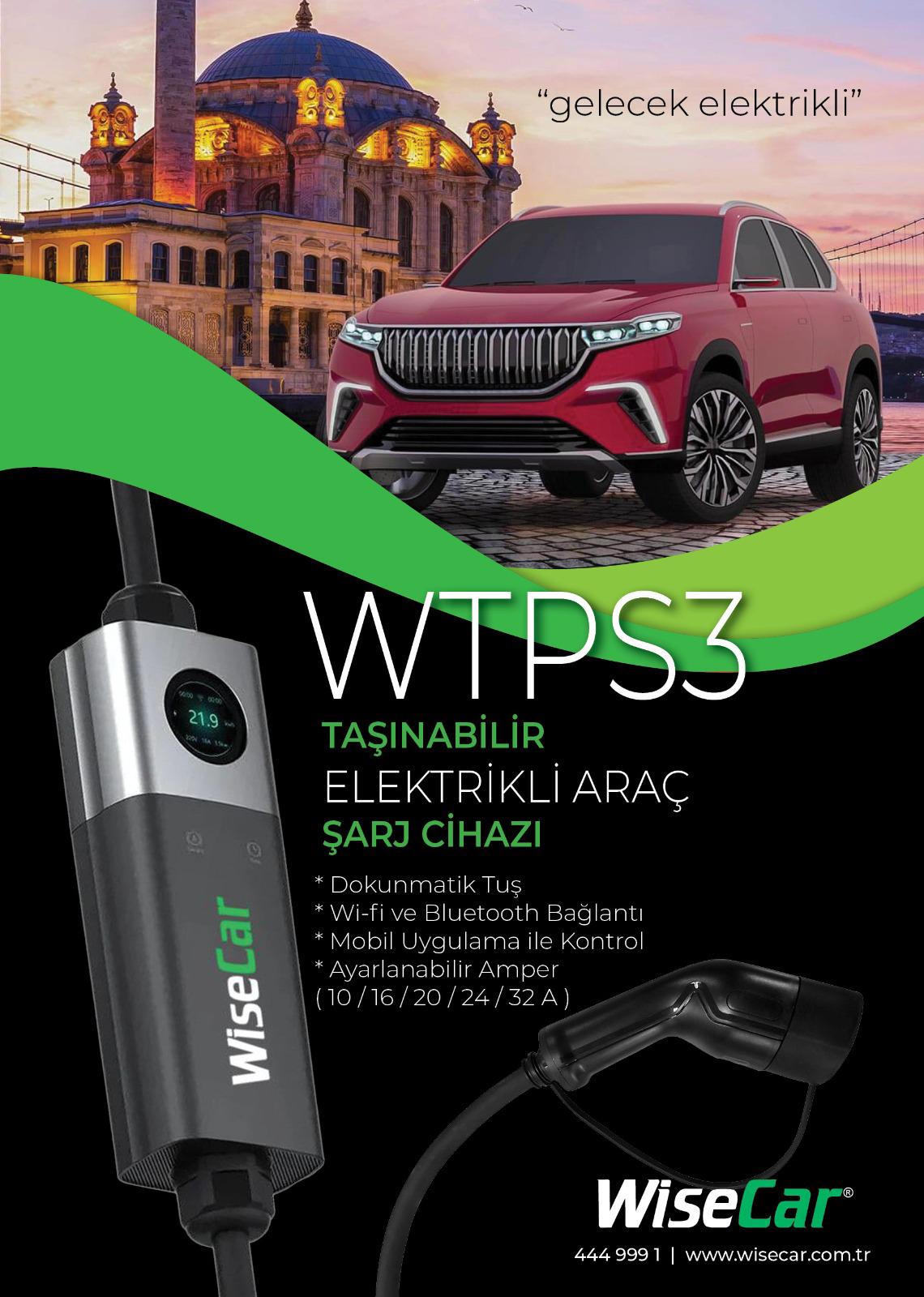 WiseCar WTPS3 22 KW Taşınabilir Elektrikli Araç Şarj Cihazı, mobil uygulama ve WiFi ile pratik şarj imkanı sunar.
