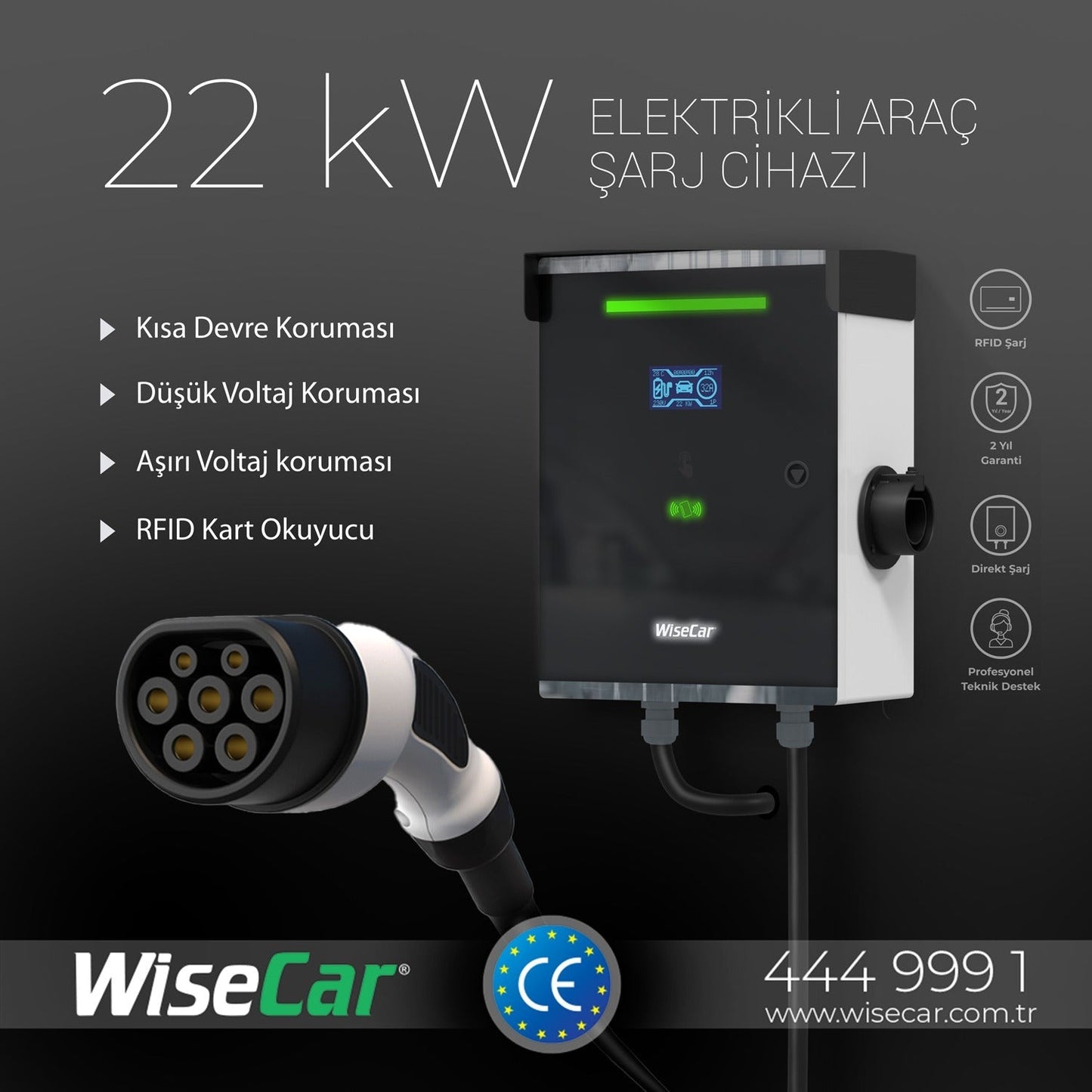 WiseCar WT1 Smart 7.4 KW Duvar Tipi Elektrikli Araç Şarj İstasyonu Kablolu WiseCar