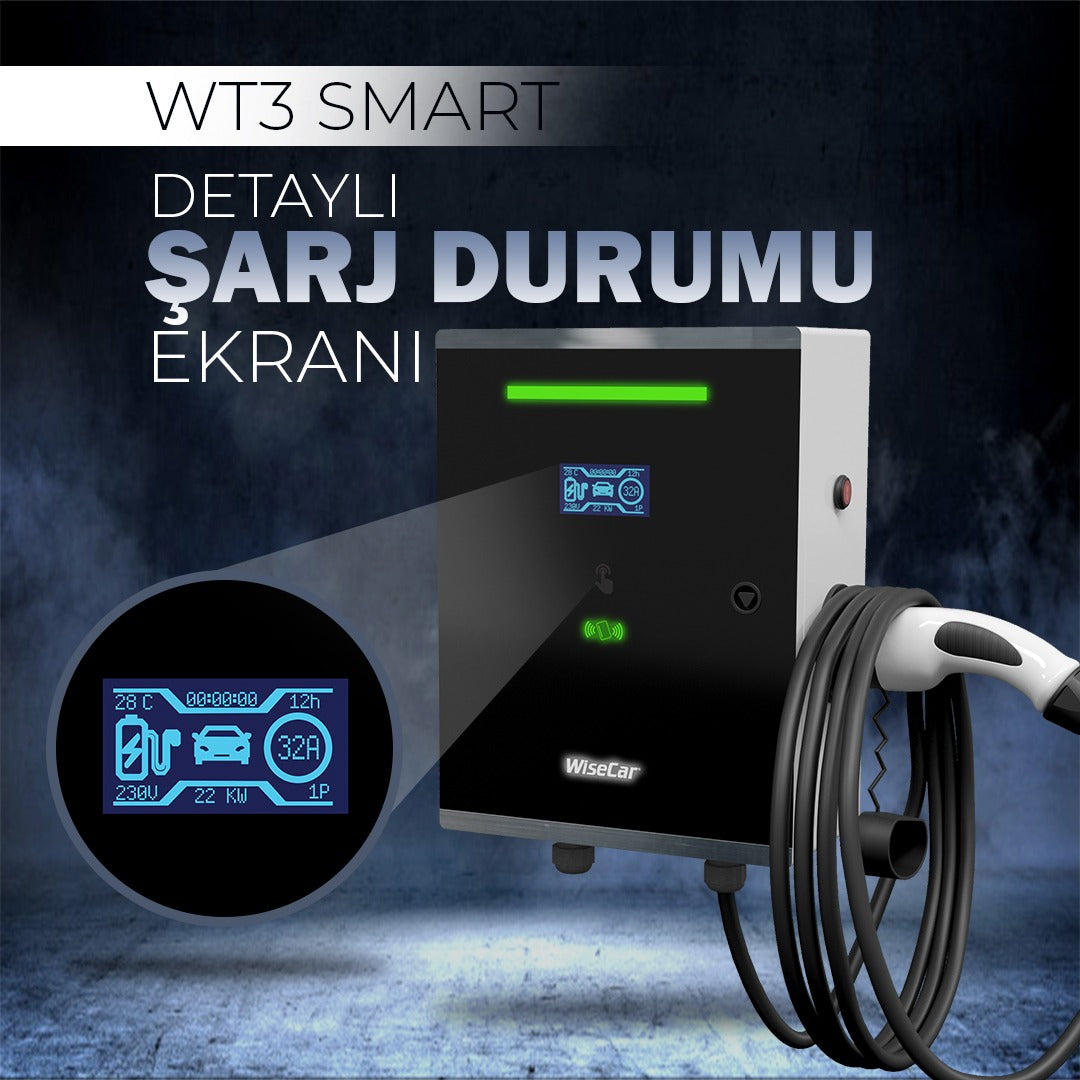 WiseCar WT1 Smart 7.4 KW Duvar Tipi Elektrikli Araç Şarj İstasyonu Kablolu WiseCar