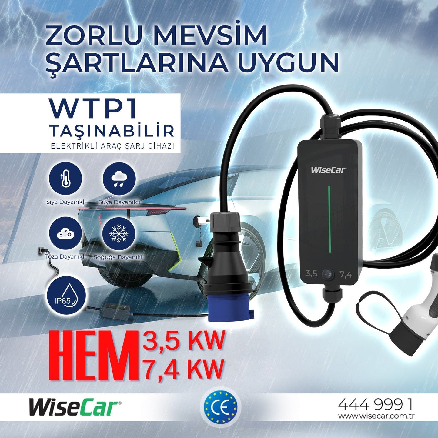 WiseCar WTP1 7.4 KW Taşınabilir Elektrikli Araç Şarj Cihazı WiseCar