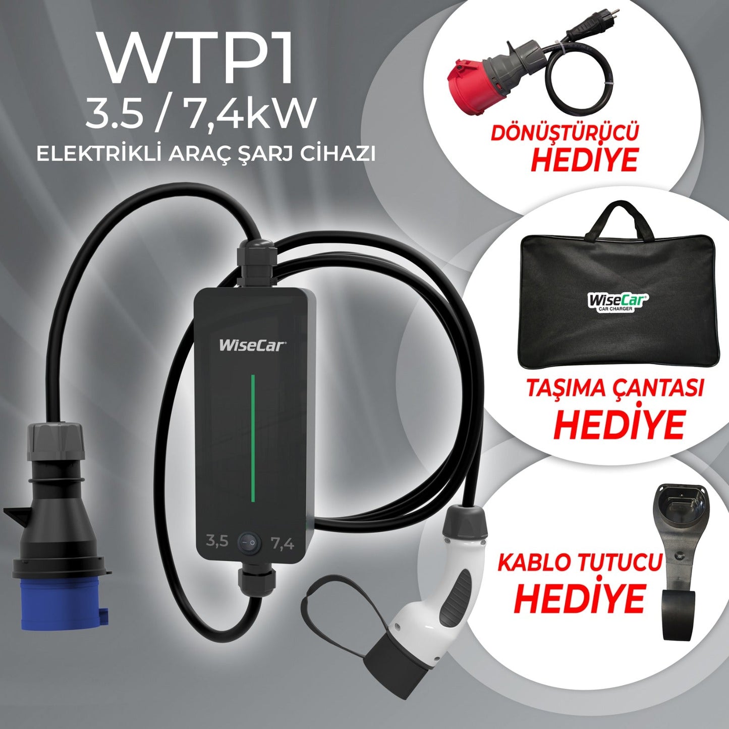 WiseCar WTP1 7.4 KW Taşınabilir Elektrikli Araç Şarj Cihazı WiseCar