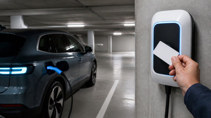 Site kapalı otoparkında duvar tipi şarj cihazına RFID kart okutan bir kişi ve şarja bağlı elektrikli SUV