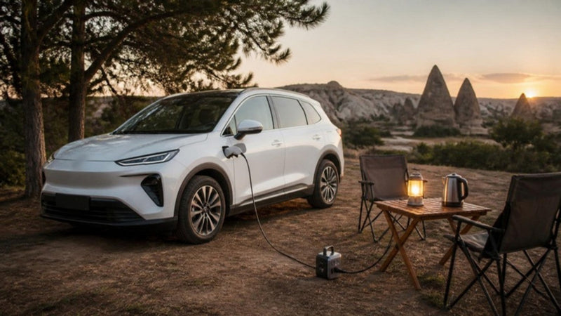Kamp alanında V2L adaptörüyle lamba ve su ısıtıcısını besleyen beyaz elektrikli SUV