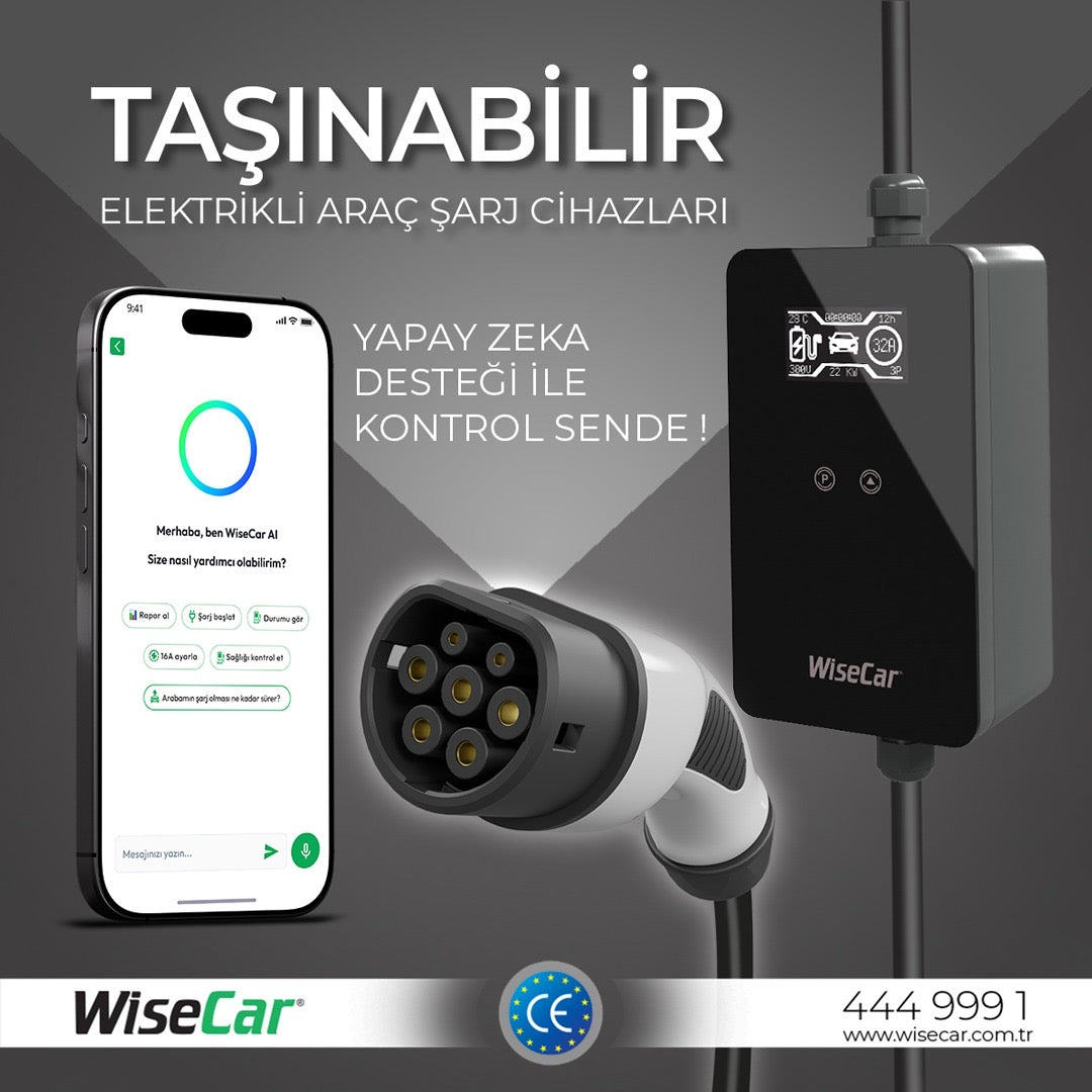 WiseCar WTP3 22 & 11 KW Taşınabilir Yapay Zeka Destekli Akıllı Elektrikli Araç Şarj Cihazı |  Mobil Uygulama & WiseCar AI WiseCar