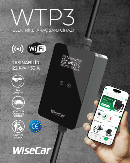 WiseCar WTP3 22 &amp; 11 kW Tragbares, KI-gestütztes Smart-Ladegerät für Elektrofahrzeuge | Mobile App &amp; WiseCar AI