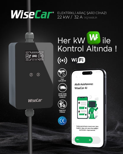 WiseCar WTP3 22 &amp; 11 kW Tragbares, KI-gestütztes Smart-Ladegerät für Elektrofahrzeuge | Mobile App &amp; WiseCar AI