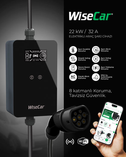 WiseCar WTP3 22 &amp; 11 kW Tragbares, KI-gestütztes Smart-Ladegerät für Elektrofahrzeuge | Mobile App &amp; WiseCar AI