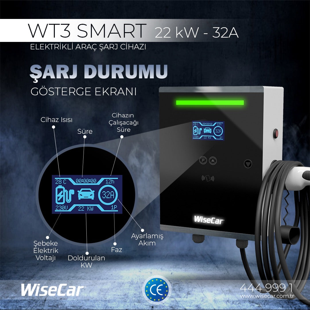 WiseCar WT3 Smart Kartlı 22 KW Duvar Tipi Elektrikli Araç Şarj İstasyonu WiseCar