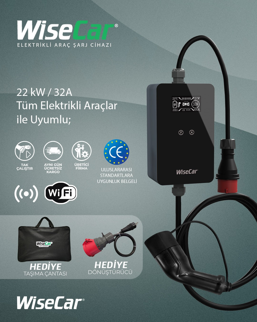 WiseCar WTP3 22 & 11 KW Taşınabilir Yapay Zeka Destekli Akıllı Elektrikli Araç Şarj Cihazı |  Mobil Uygulama & WiseCar AI