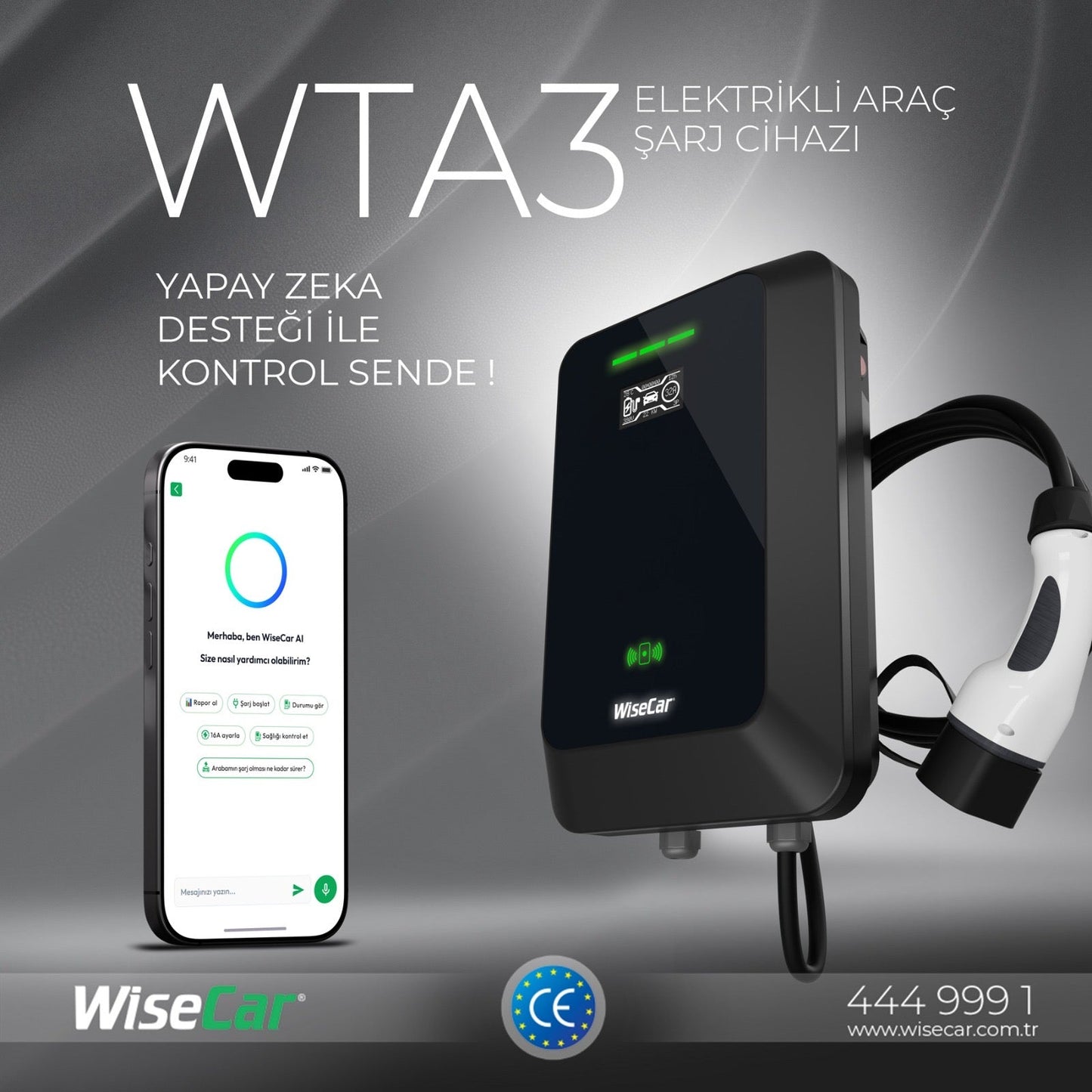 WiseCar WTA - Yapay Zeka Destekli Akıllı Elektrikli Araç Şarj Cihazı | 22 kW | Mobil Uygulama & WiseCar AI WiseCar
