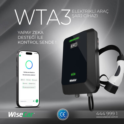 WiseCar WTA - Yapay Zeka Destekli Akıllı Elektrikli Araç Şarj Cihazı | 22 kW | Mobil Uygulama & WiseCar AI WiseCar