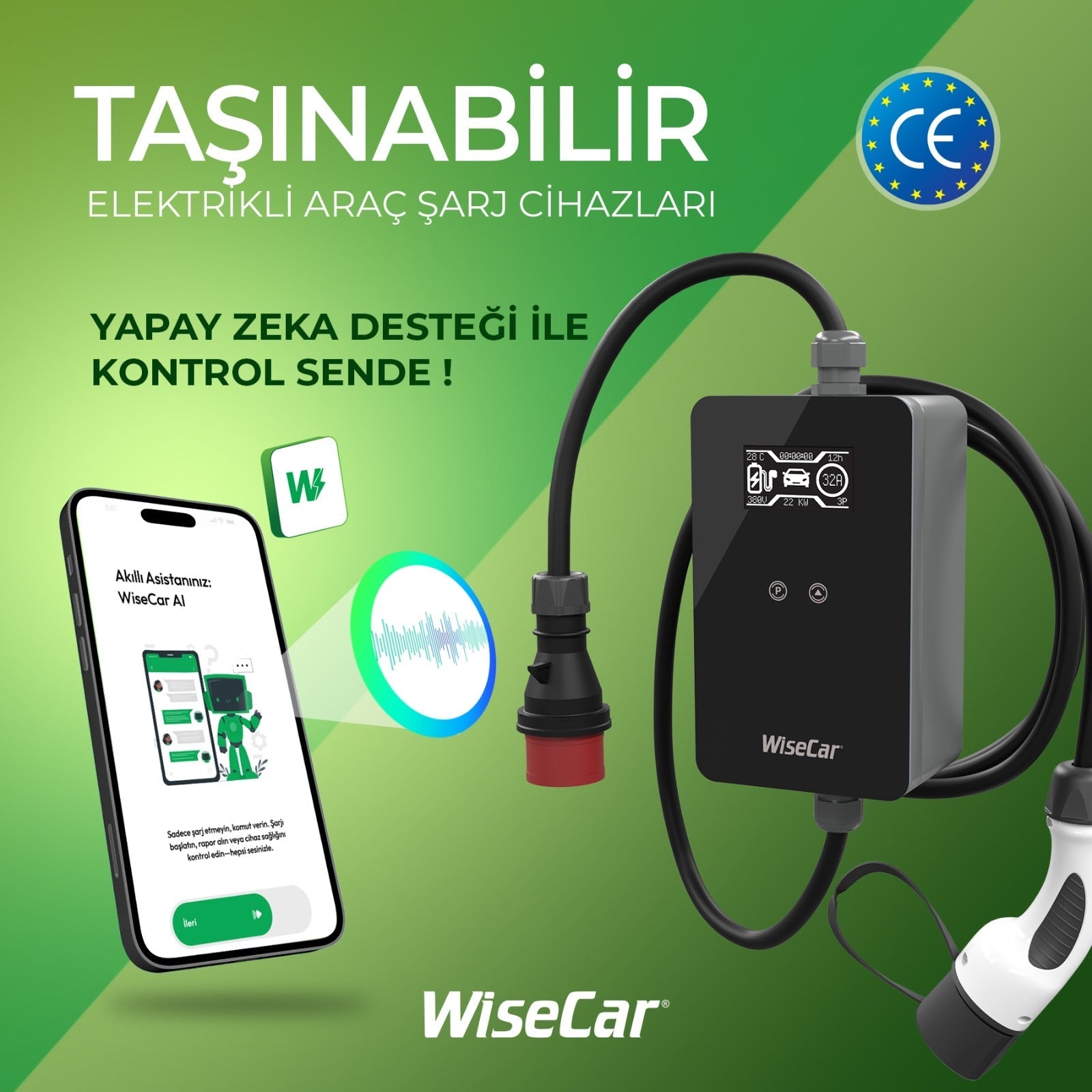 WiseCar WTP3 22 & 11 KW Taşınabilir Yapay Zeka Destekli Akıllı Elektrikli Araç Şarj Cihazı |  Mobil Uygulama & WiseCar AI WiseCar
