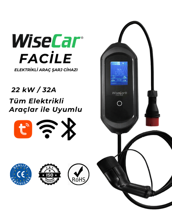 WiseCar Facile 22 kW 32A Mobil Uygulamalı Taşınabilir Elektrikli Araç Şarj Cihazı Tuya Smart WiFi + Bluetooth