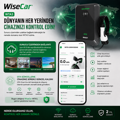 WiseCar WTA - Yapay Zeka Destekli Akıllı Elektrikli Araç Şarj Cihazı | 22 kW | Mobil Uygulama & WiseCar AI