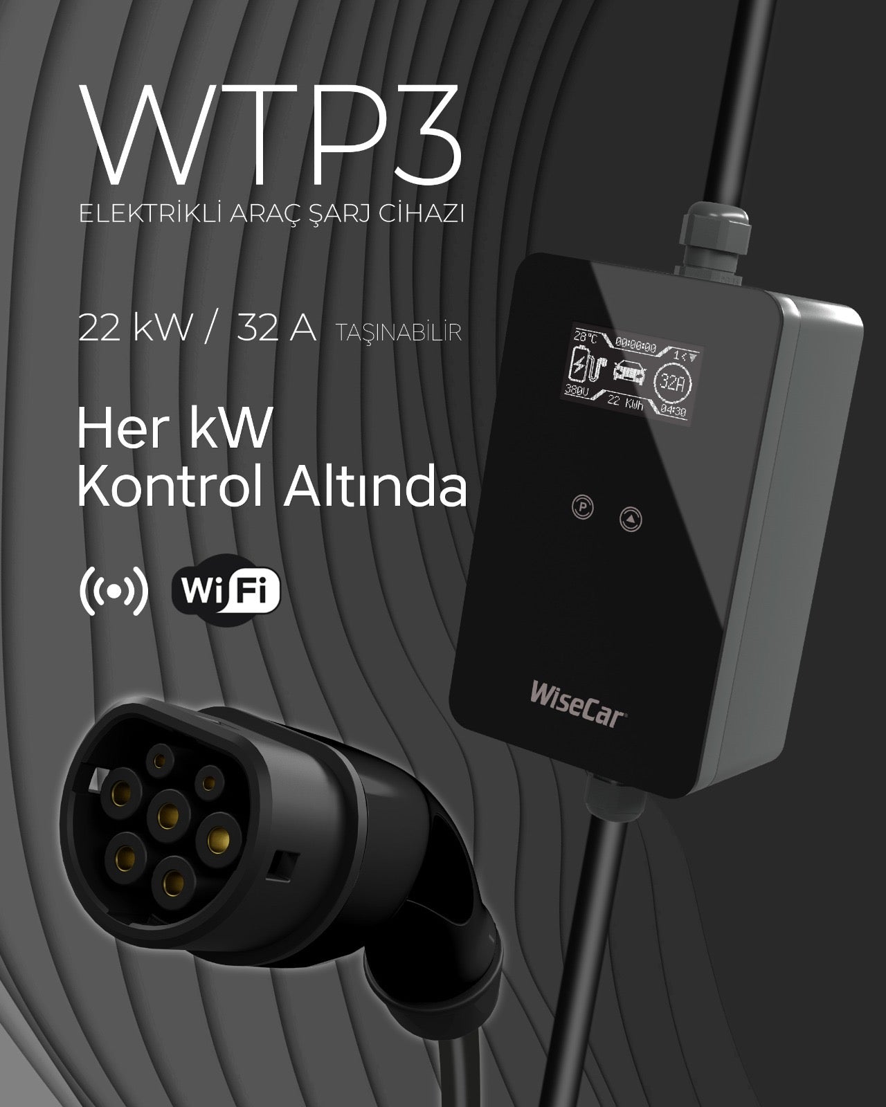 WiseCar WTP3 22 &amp; 11 kW Tragbares, KI-gestütztes Smart-Ladegerät für Elektrofahrzeuge | Mobile App &amp; WiseCar AI