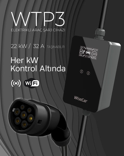 WiseCar WTP3 22 &amp; 11 kW Tragbares, KI-gestütztes Smart-Ladegerät für Elektrofahrzeuge | Mobile App &amp; WiseCar AI