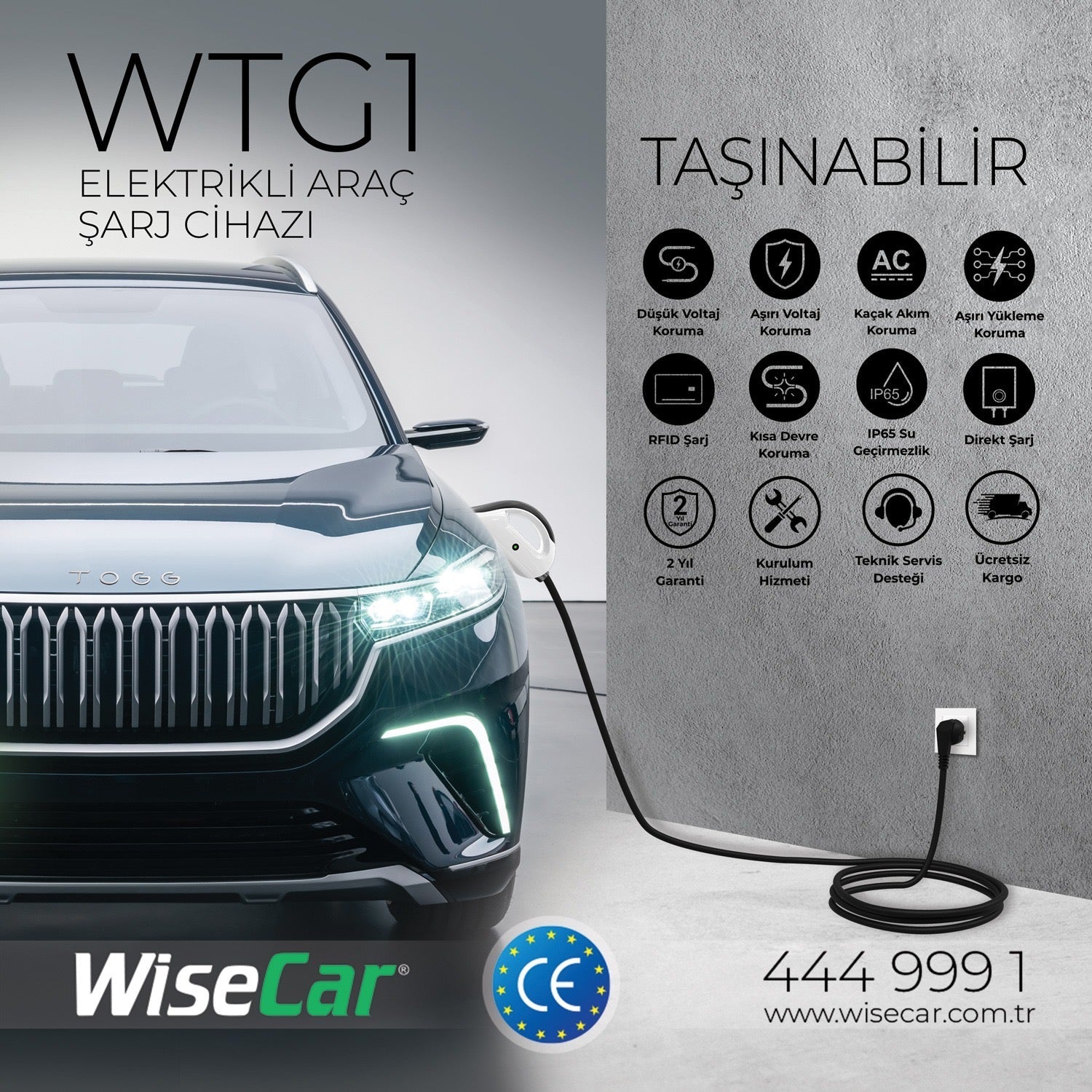 WiseCar WTPG1 – 3.5kW Taşınabilir Elektrikli Araç Şarj Cihazı Mobil Uygulamalı + Wifi + Bluetooth WiseCar